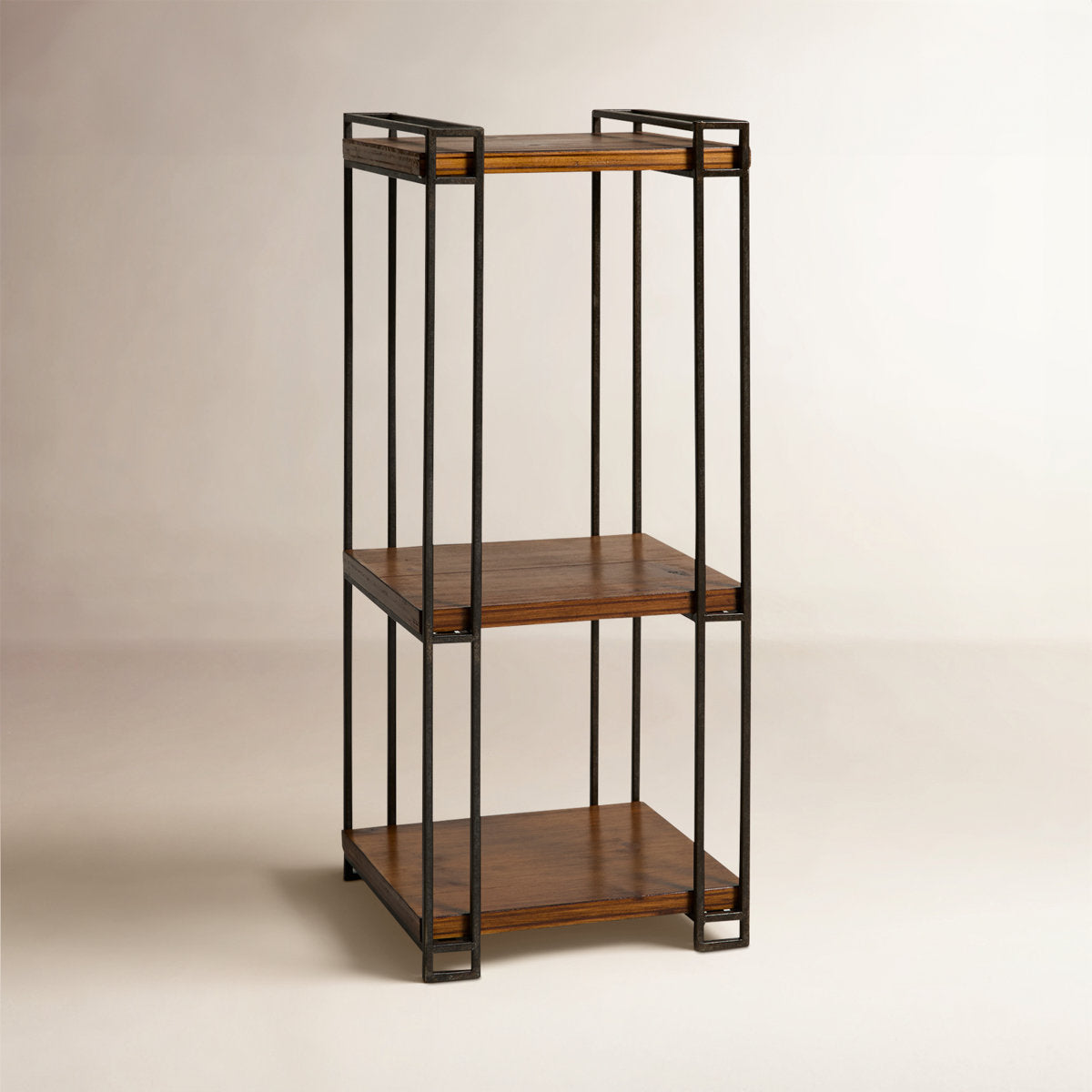 Gallery image 2 of industrial end table with brown shelves and black metal frame