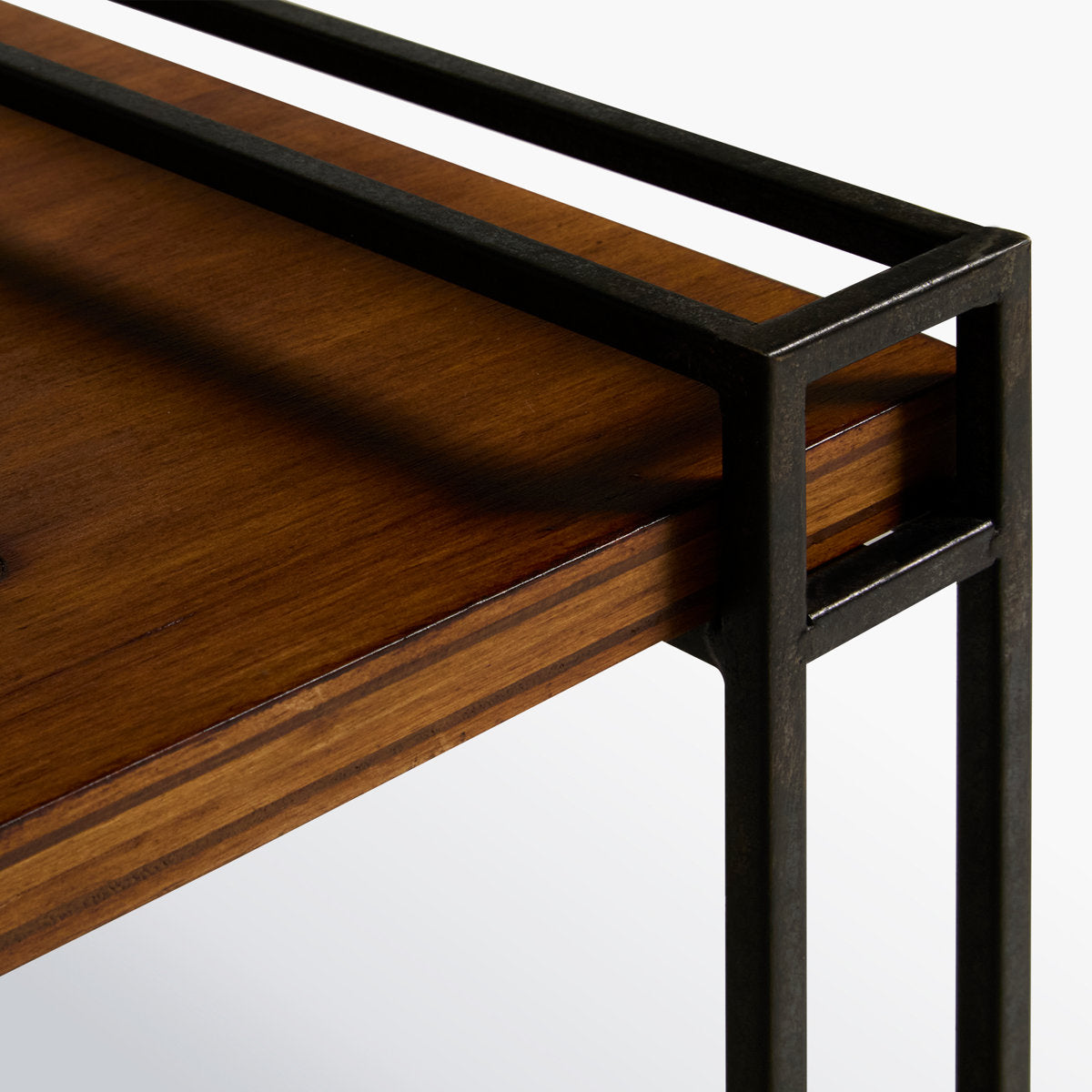 Gallery image 3 of industrial end table with brown shelves and black metal frame