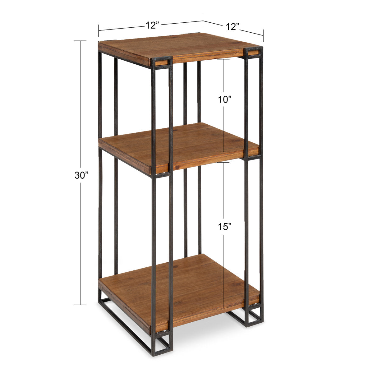 Gallery image 4 of industrial end table with brown shelves and black metal frame