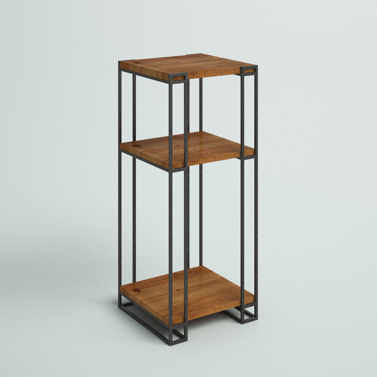 Gallery image 5 of industrial end table with brown shelves and black metal frame