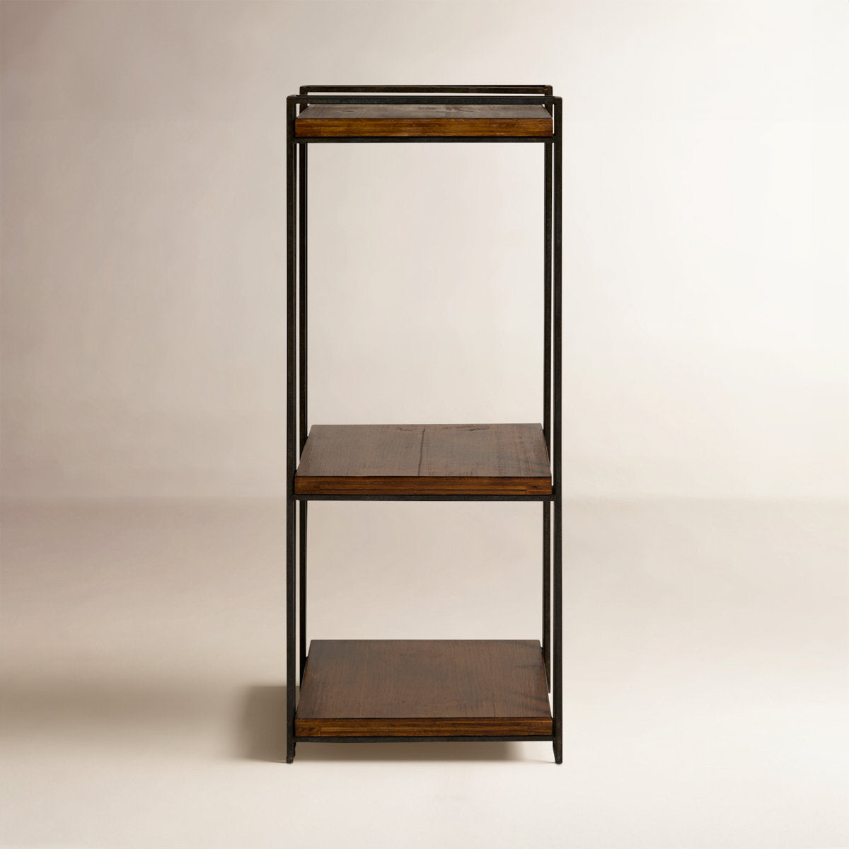 Gallery image 6 of industrial end table with brown shelves and black metal frame