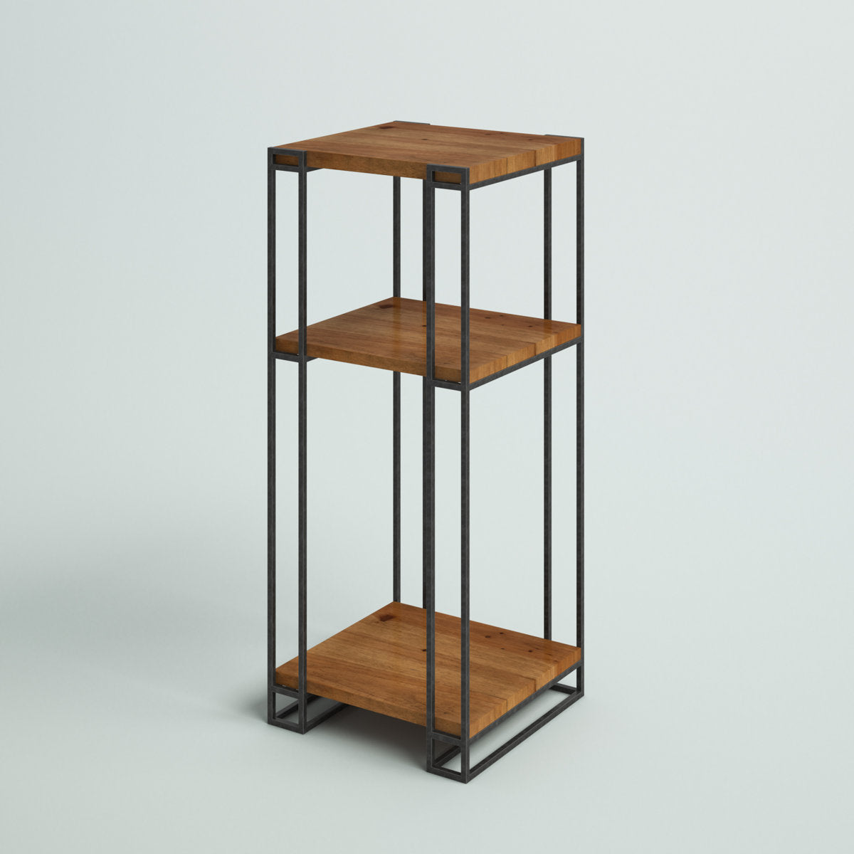 Gallery image 7 of industrial end table with brown shelves and black metal frame