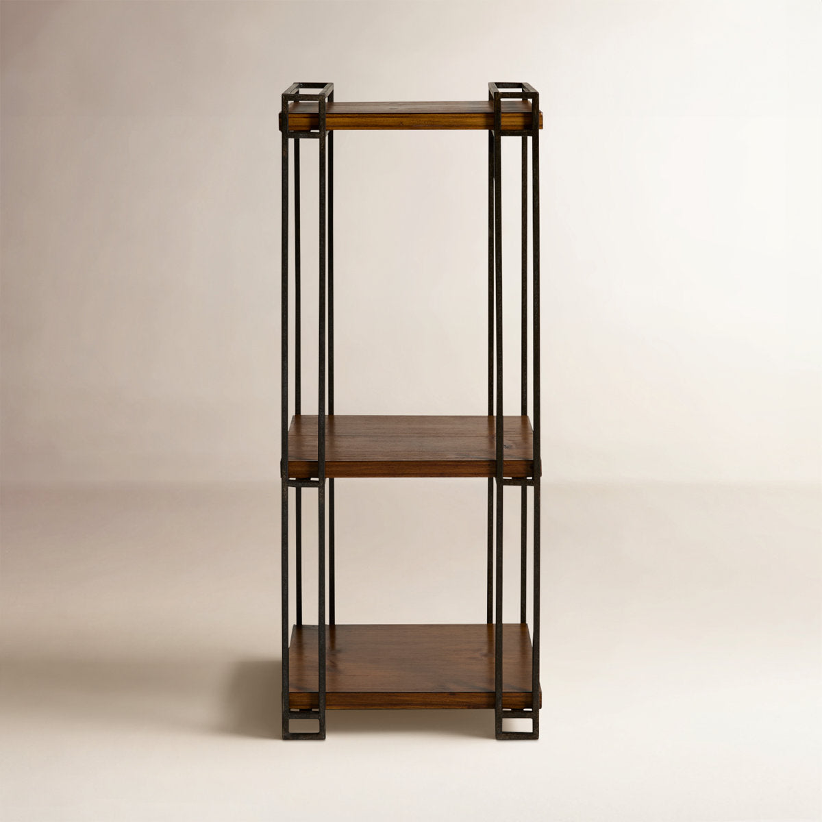 Gallery image 8 of industrial end table with brown shelves and black metal frame