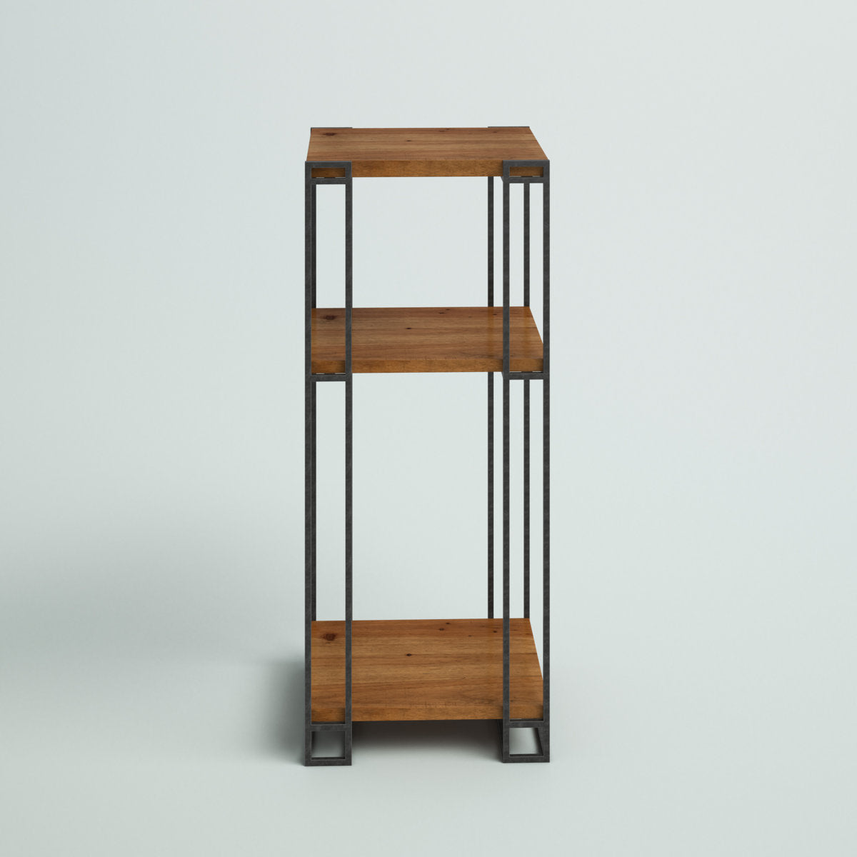 Gallery image 10 of industrial end table with brown shelves and black metal frame