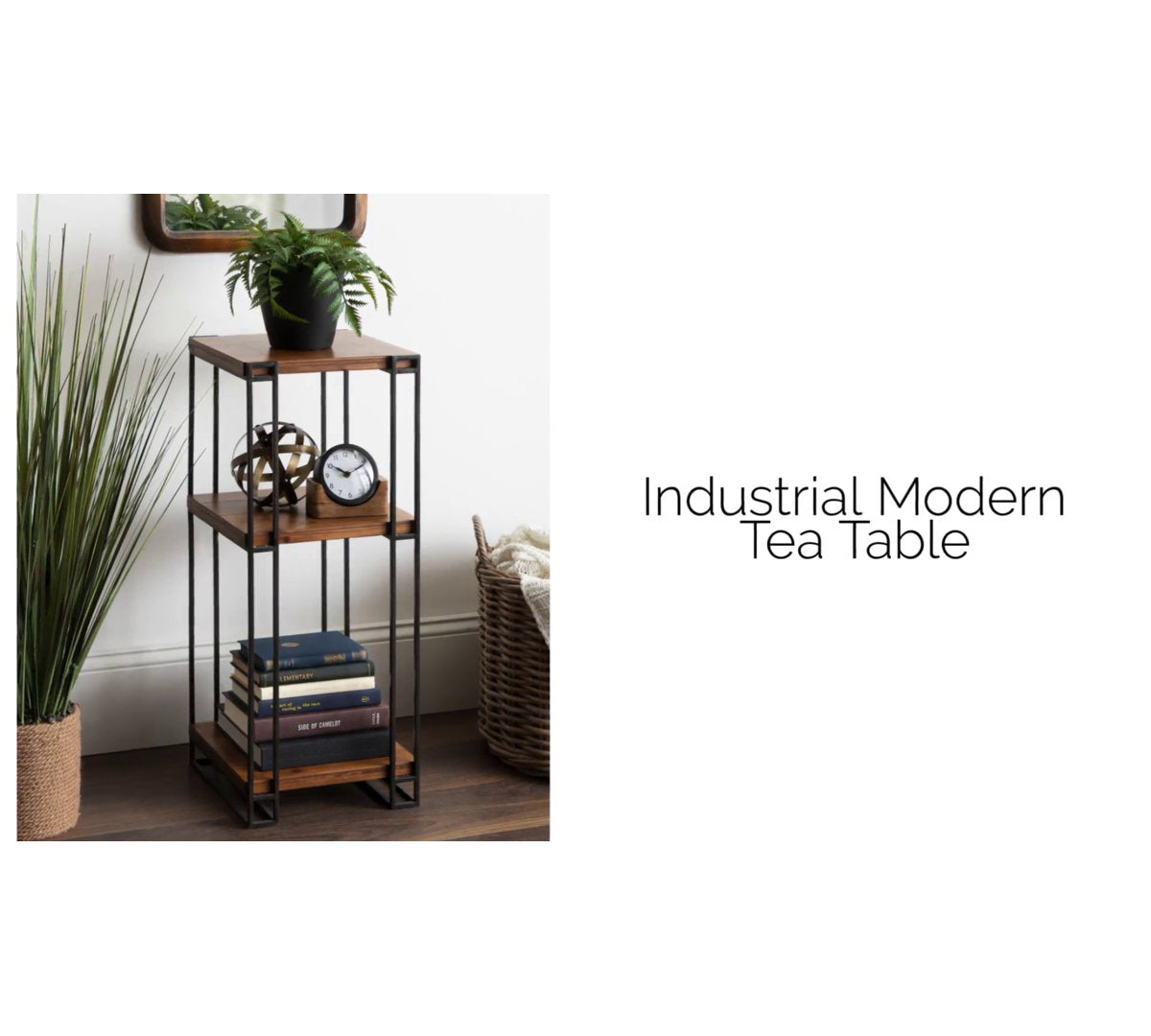 Gallery image 12 of industrial end table with brown shelves and black metal frame
