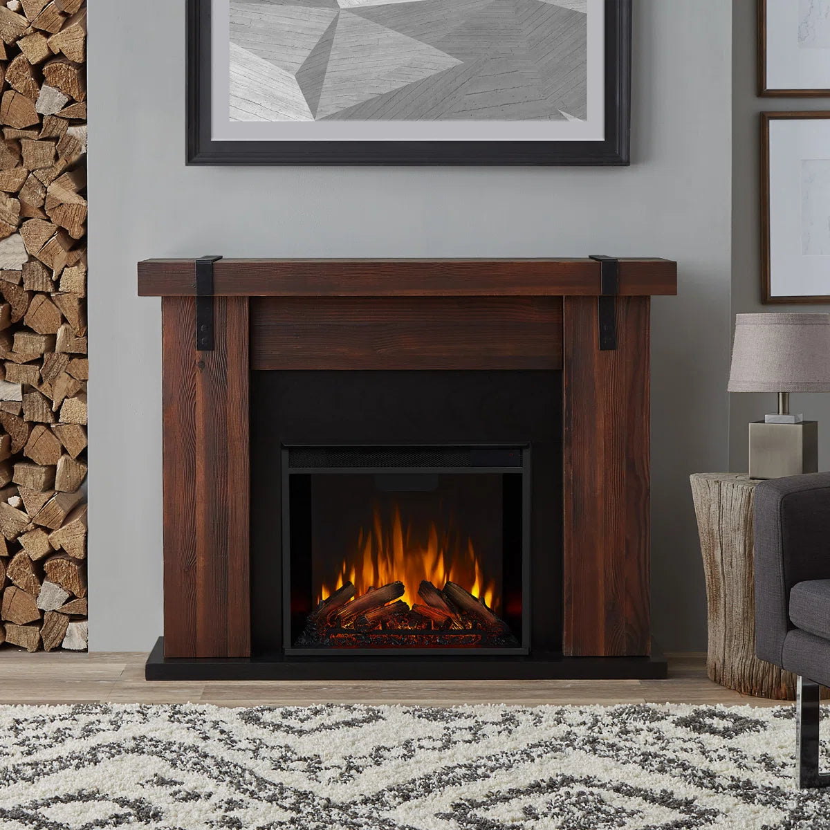 Solid Sheesham Wood Electric Fireplace – Rustic Charm & Modern Heating