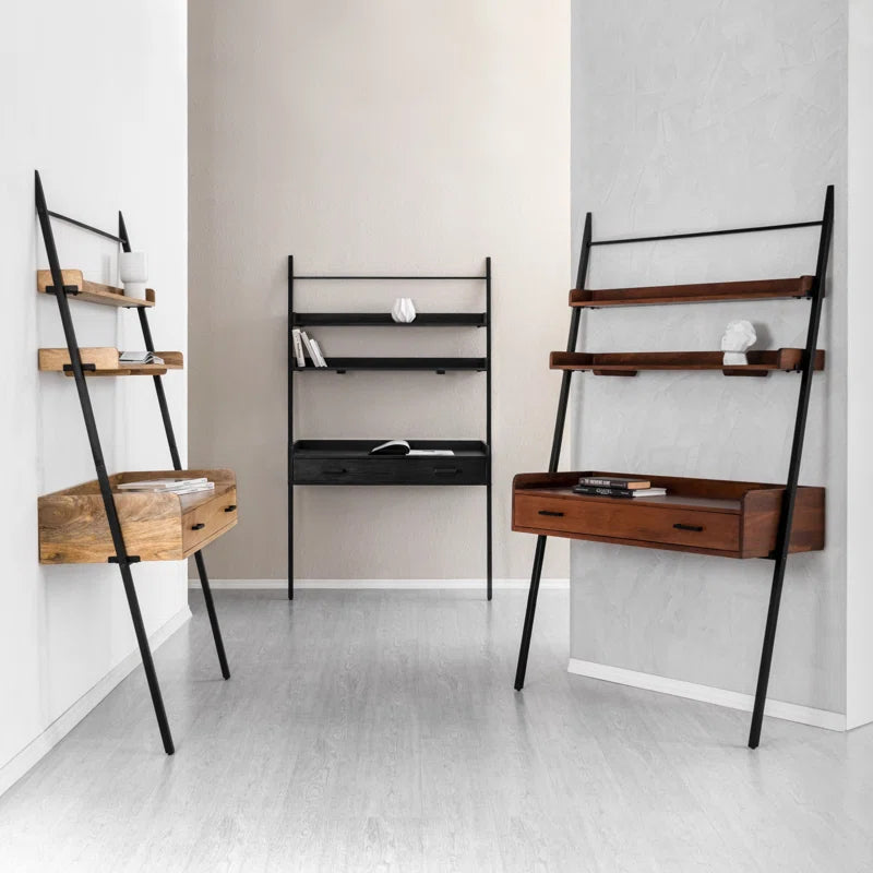 Furnishiaa Solid Sheesham Wood Ladder Desk with Drawer & Shelves – Light Industrial Style