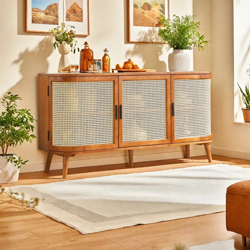 Furnishiaa Solid Sheesham Wood & Rattan Storage Cabinet with Double-Layer Shelves