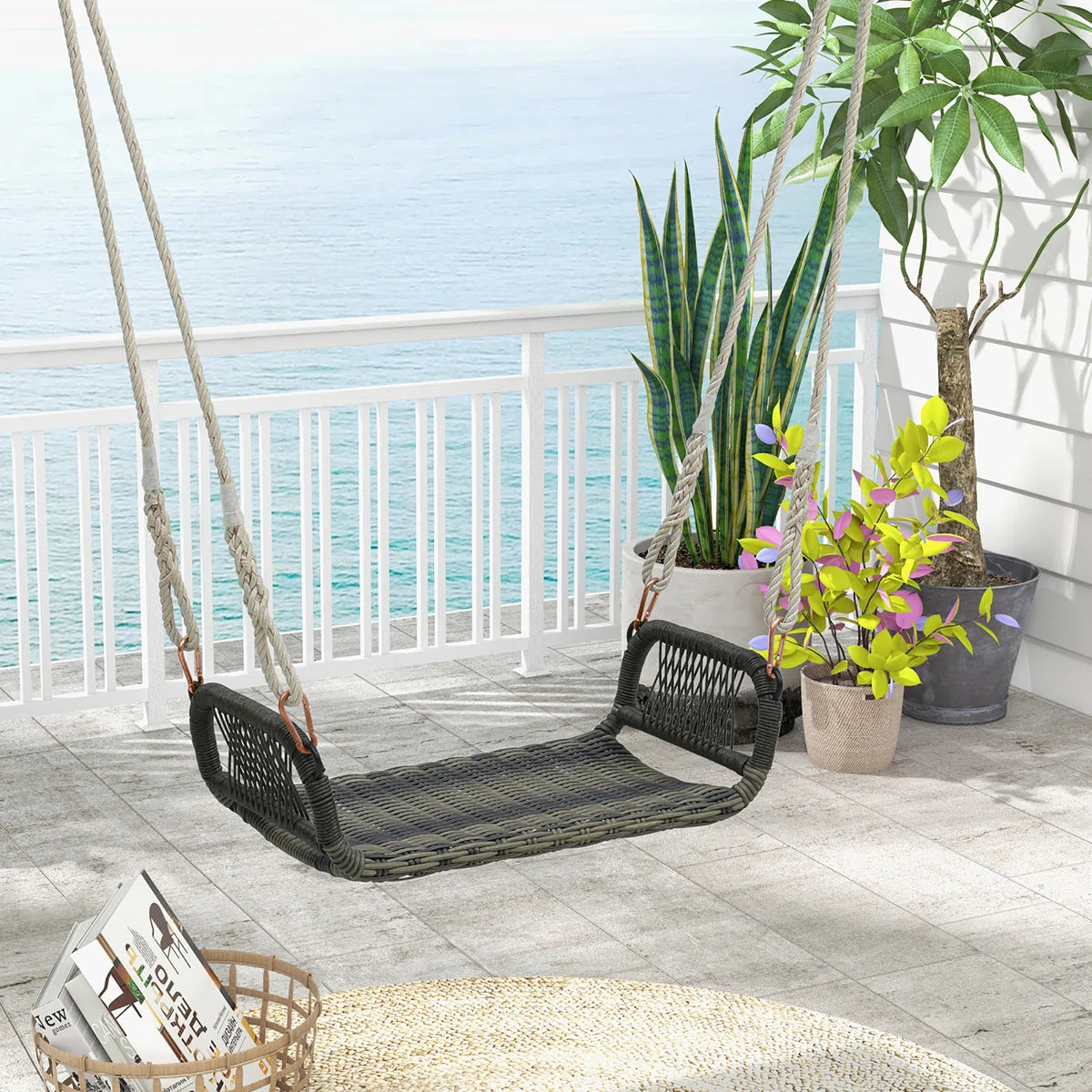 Furnishiaa Rattan Hanging Porch Swing with 4-Way Motion
