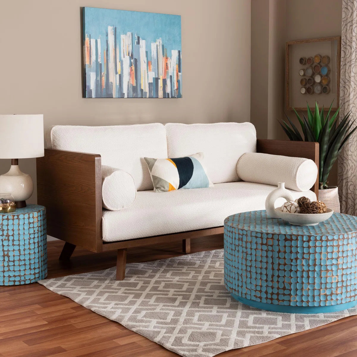 Furnishiaa Mid-Century Modern Boucle Fabric 2 Seater Sofa