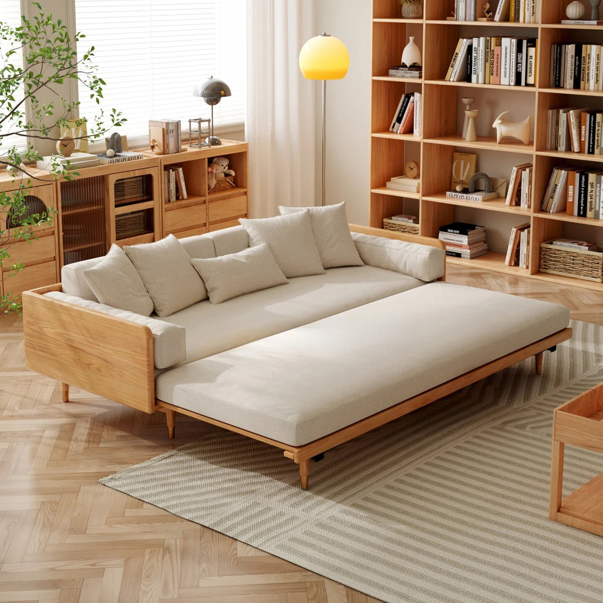Furnishiaa Japanese Style Retractable Solid Sheesham Wood Sofa Bed