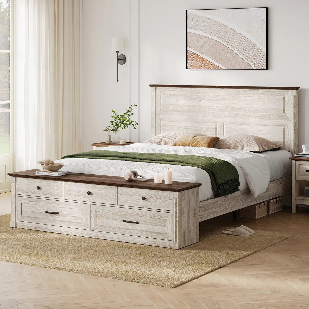 Furnishiaa Farmhouse Solid Sheesham Wood Queen Bed with Tall Headboard & Storage Bench with Drawers