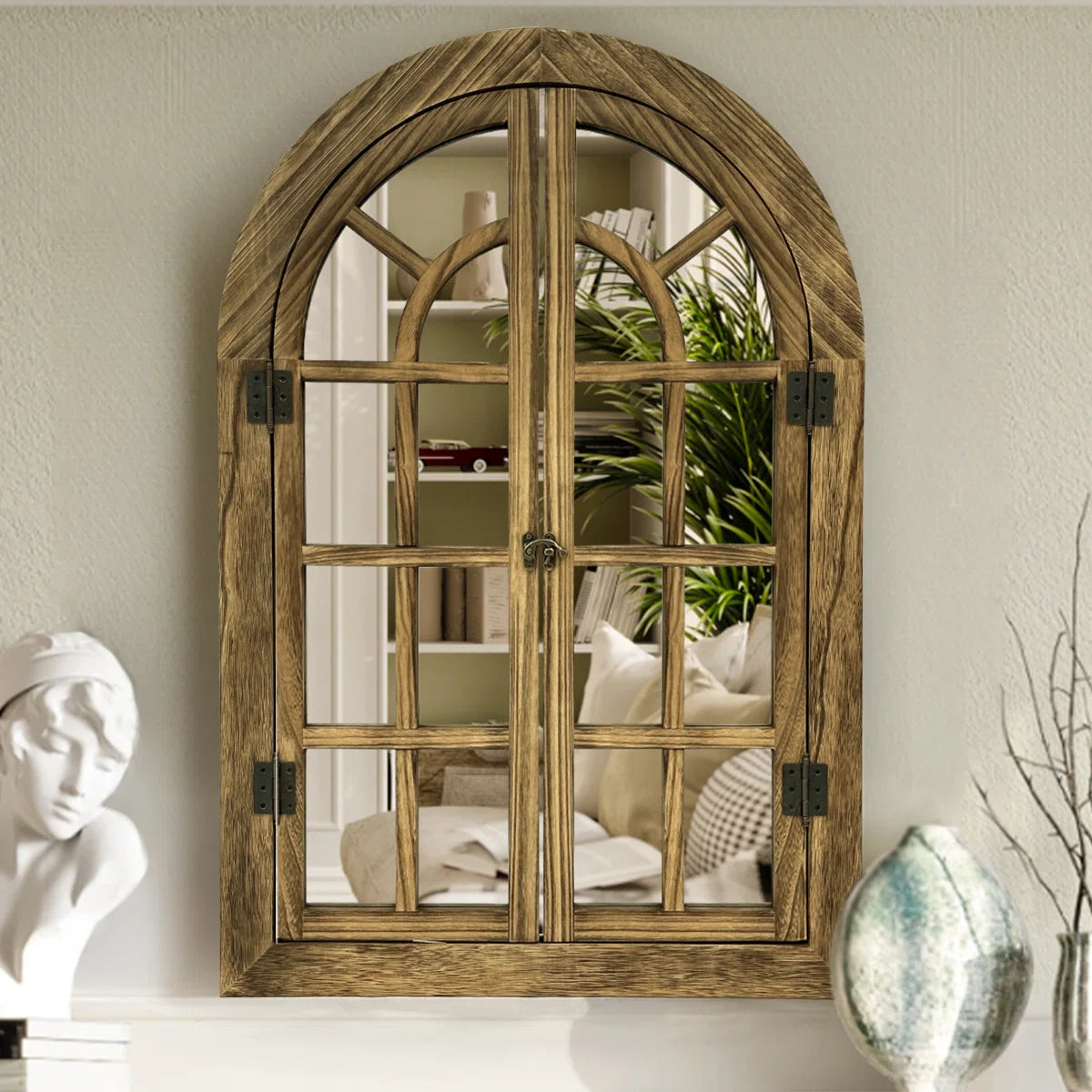Farmhouse Style Window Mirror with Shutter Doors