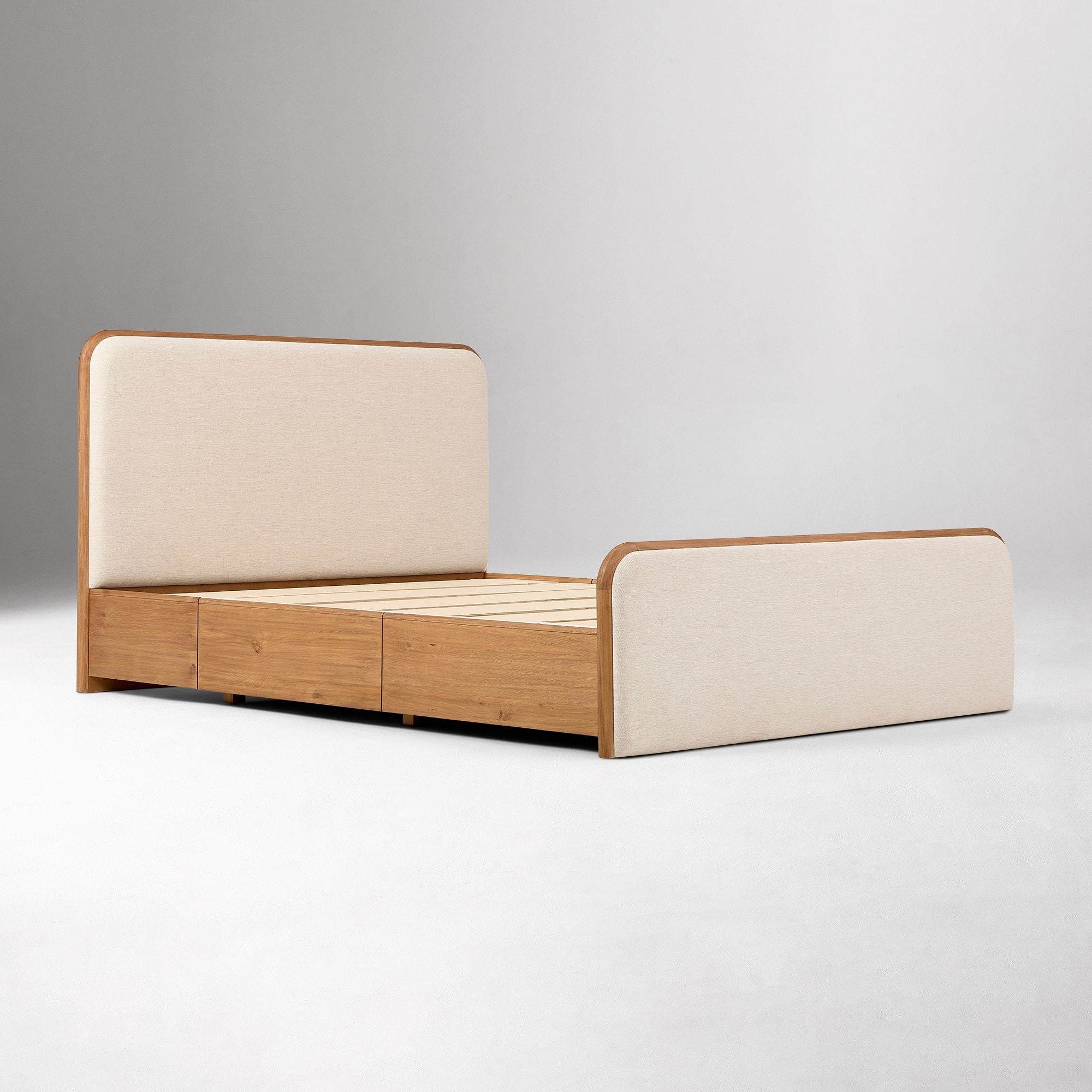 Furnishiaa Solid Sheesham Wood Upholstered Storage Bed with Drawers