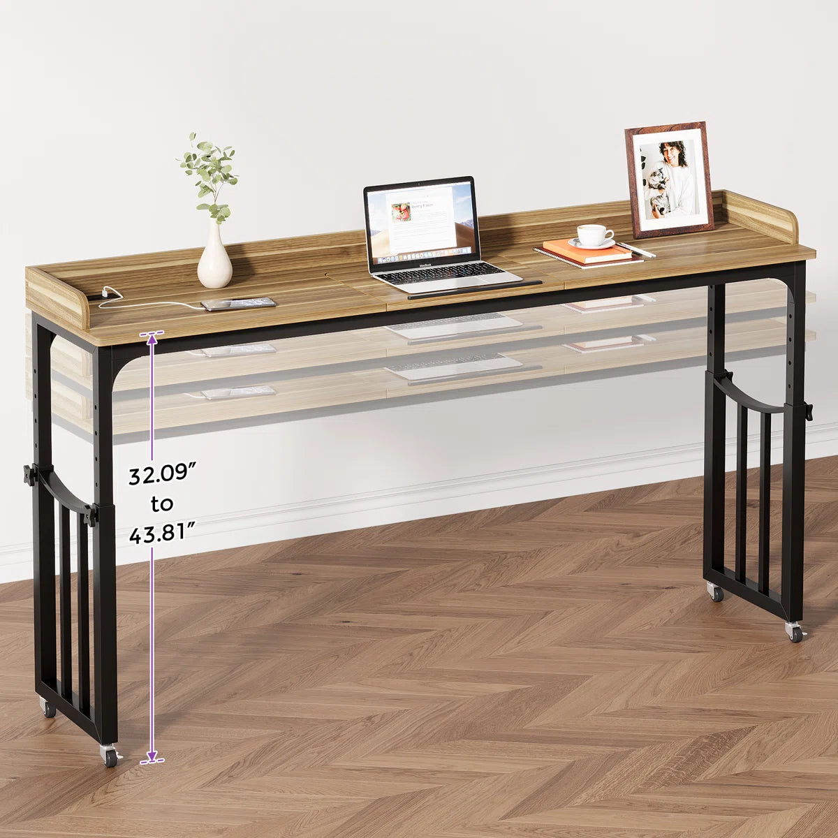 Furnishiaa Sheesham Wood Overbed Standing Desk with Wheels and Power Outlet – 180 cm