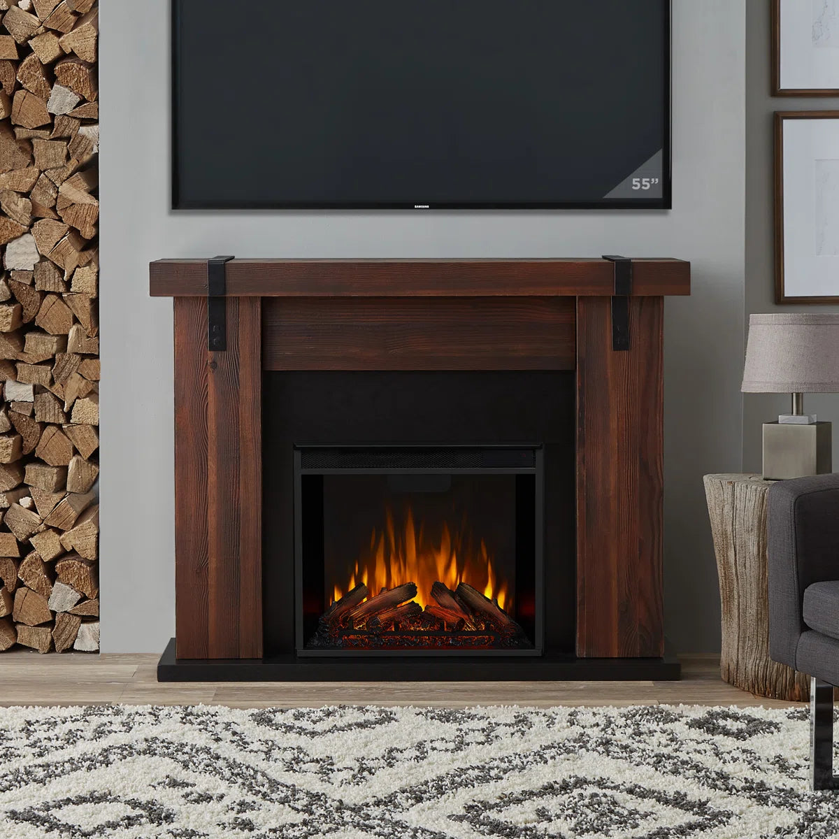 Solid Sheesham Wood Electric Fireplace – Rustic Charm & Modern Heating