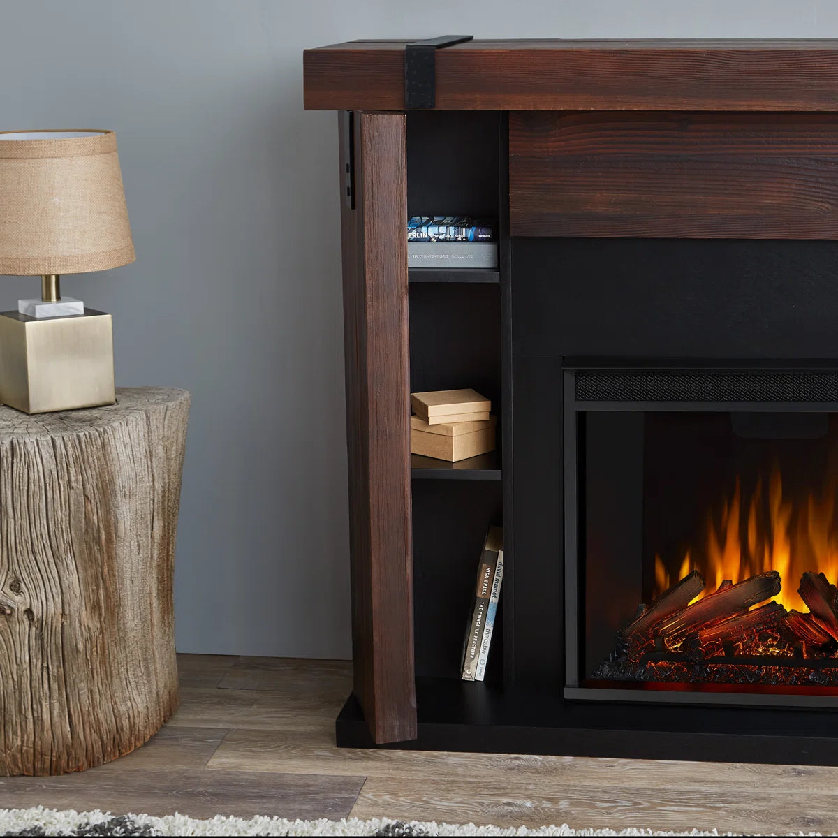 Solid Sheesham Wood Electric Fireplace – Rustic Charm & Modern Heating