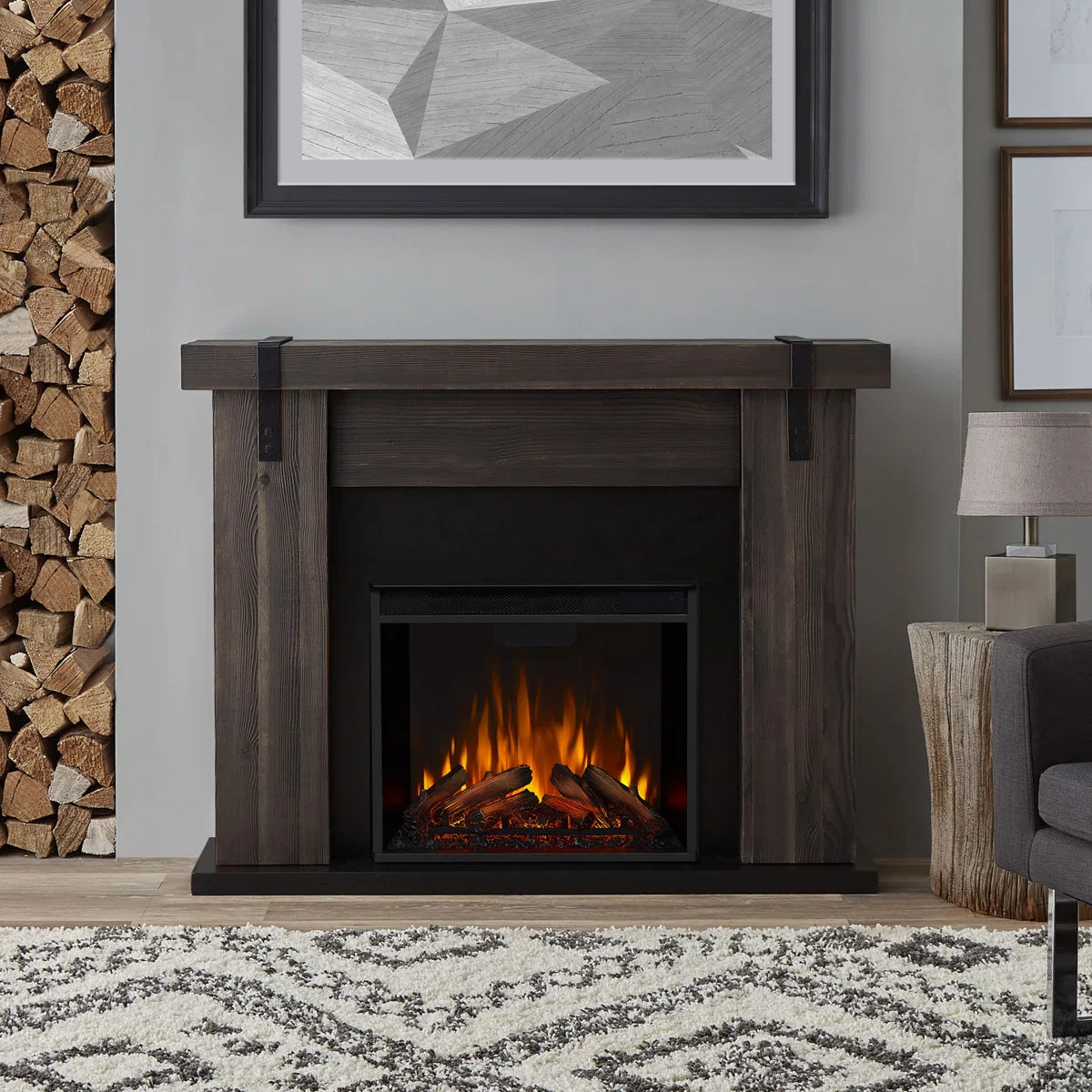 Solid Sheesham Wood Electric Fireplace – Rustic Charm & Modern Heating