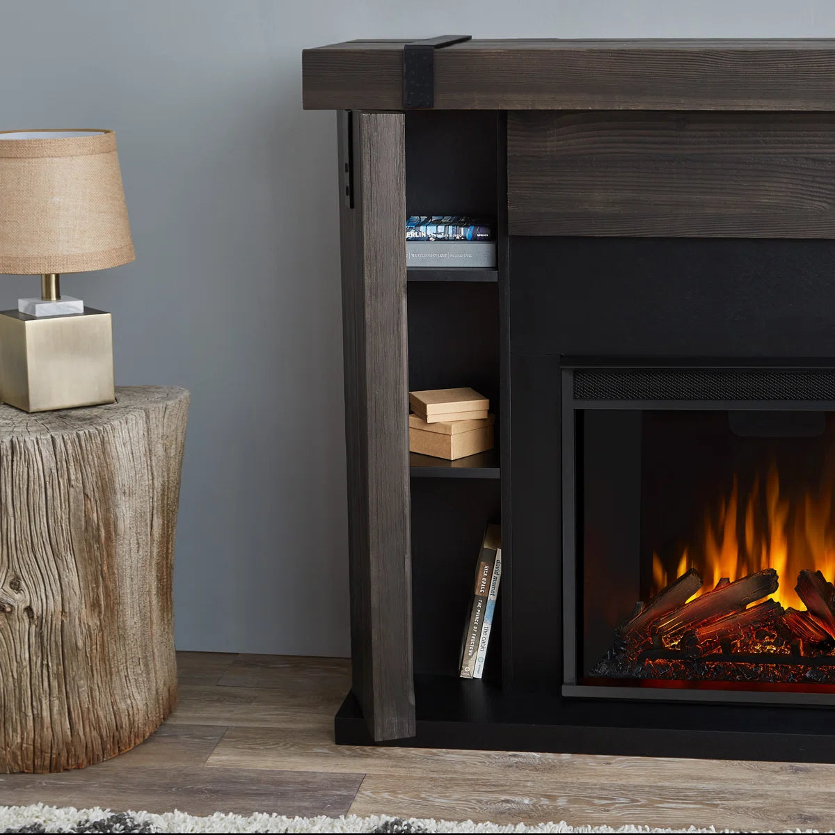 Solid Sheesham Wood Electric Fireplace – Rustic Charm & Modern Heating