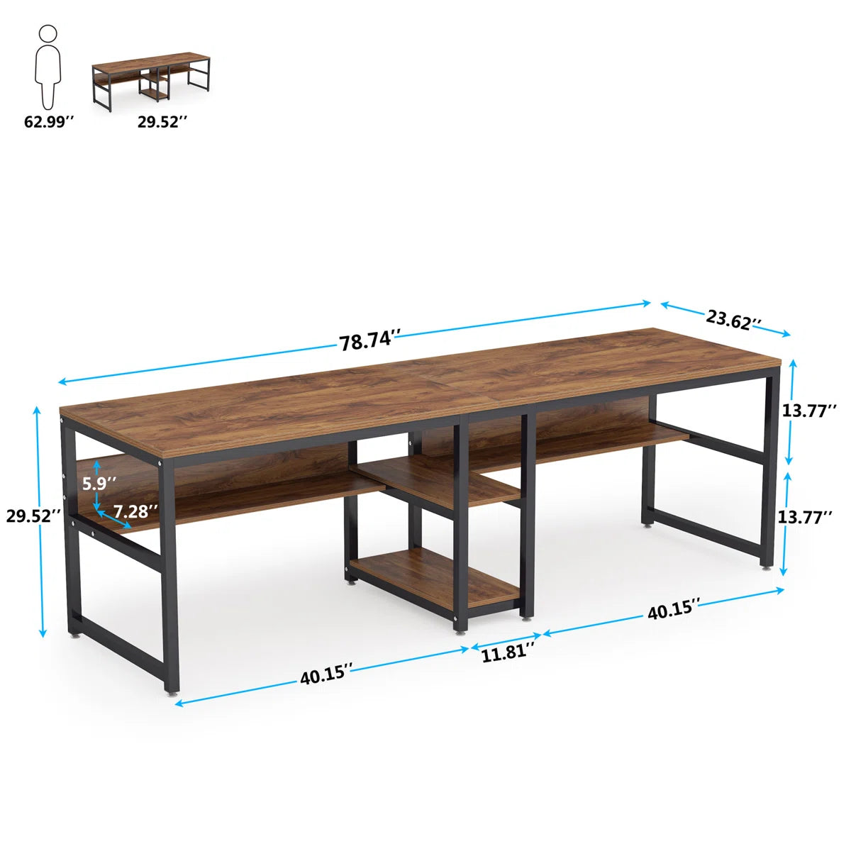 Furnishiaa Double Workstation Desk – Solid Sheesham Wood & Industrial Metal Frame