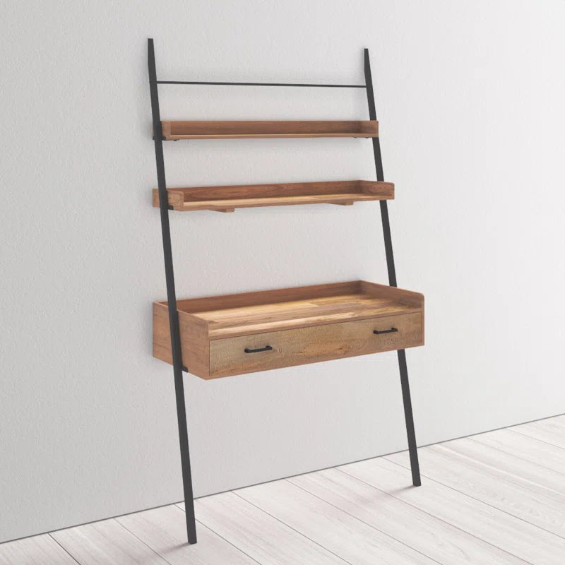Furnishiaa Solid Sheesham Wood Ladder Desk with Drawer & Shelves – Light Industrial Style