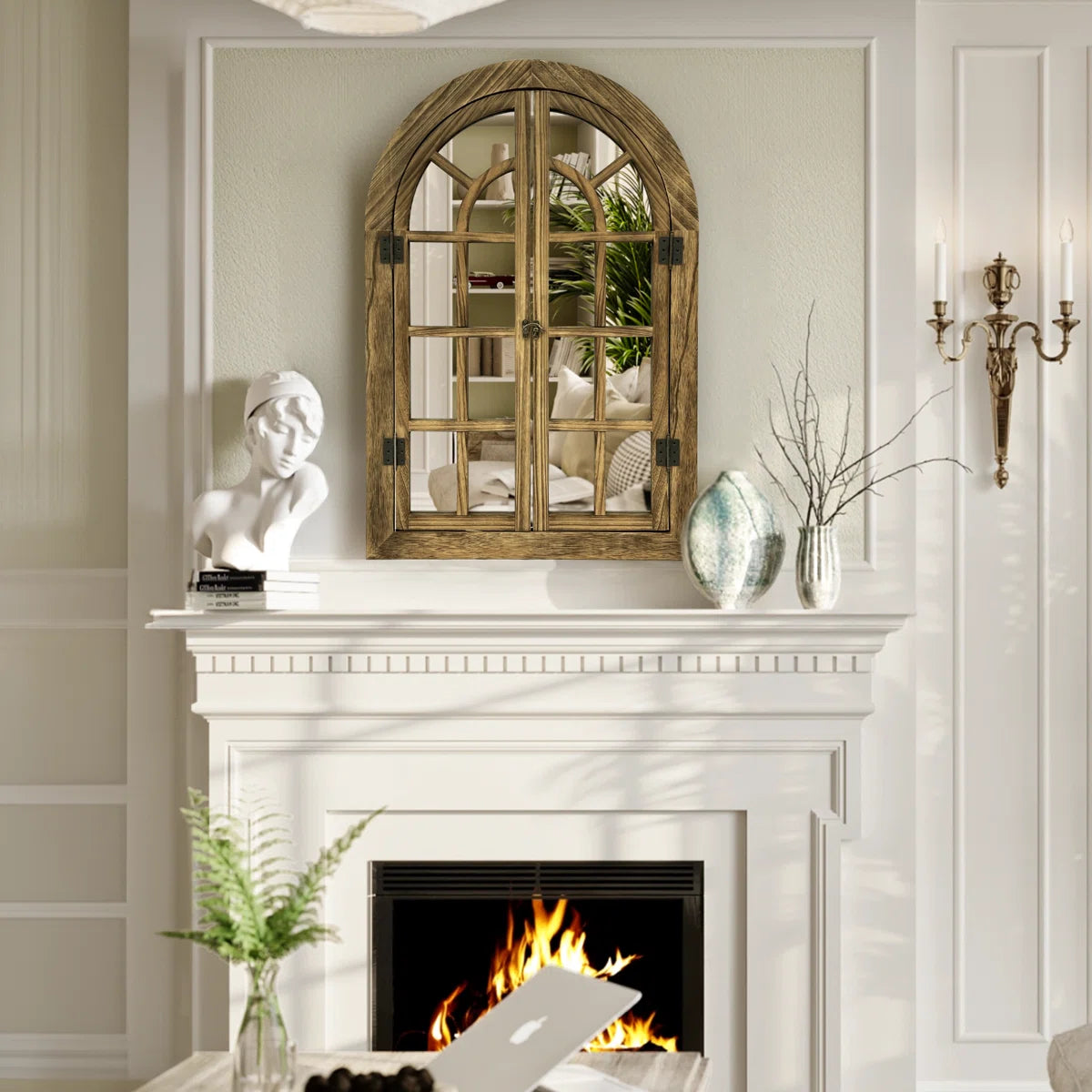 Farmhouse Style Window Mirror with Shutter Doors