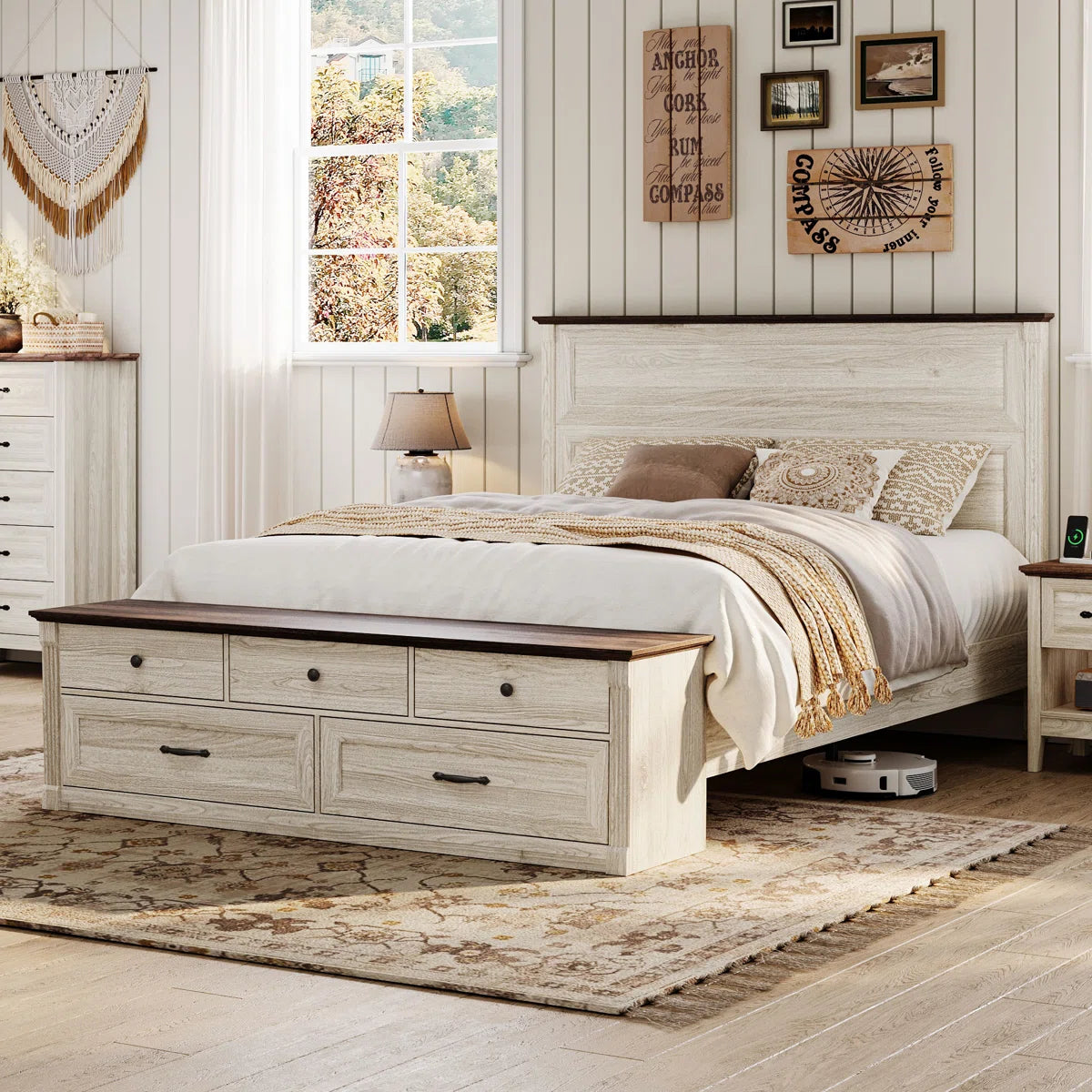 Furnishiaa Farmhouse Solid Sheesham Wood Queen Bed with Tall Headboard & Storage Bench with Drawers