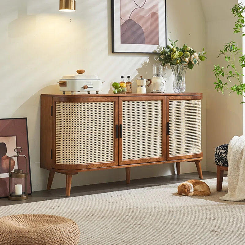 Furnishiaa Solid Sheesham Wood & Rattan Storage Cabinet with Double-Layer Shelves