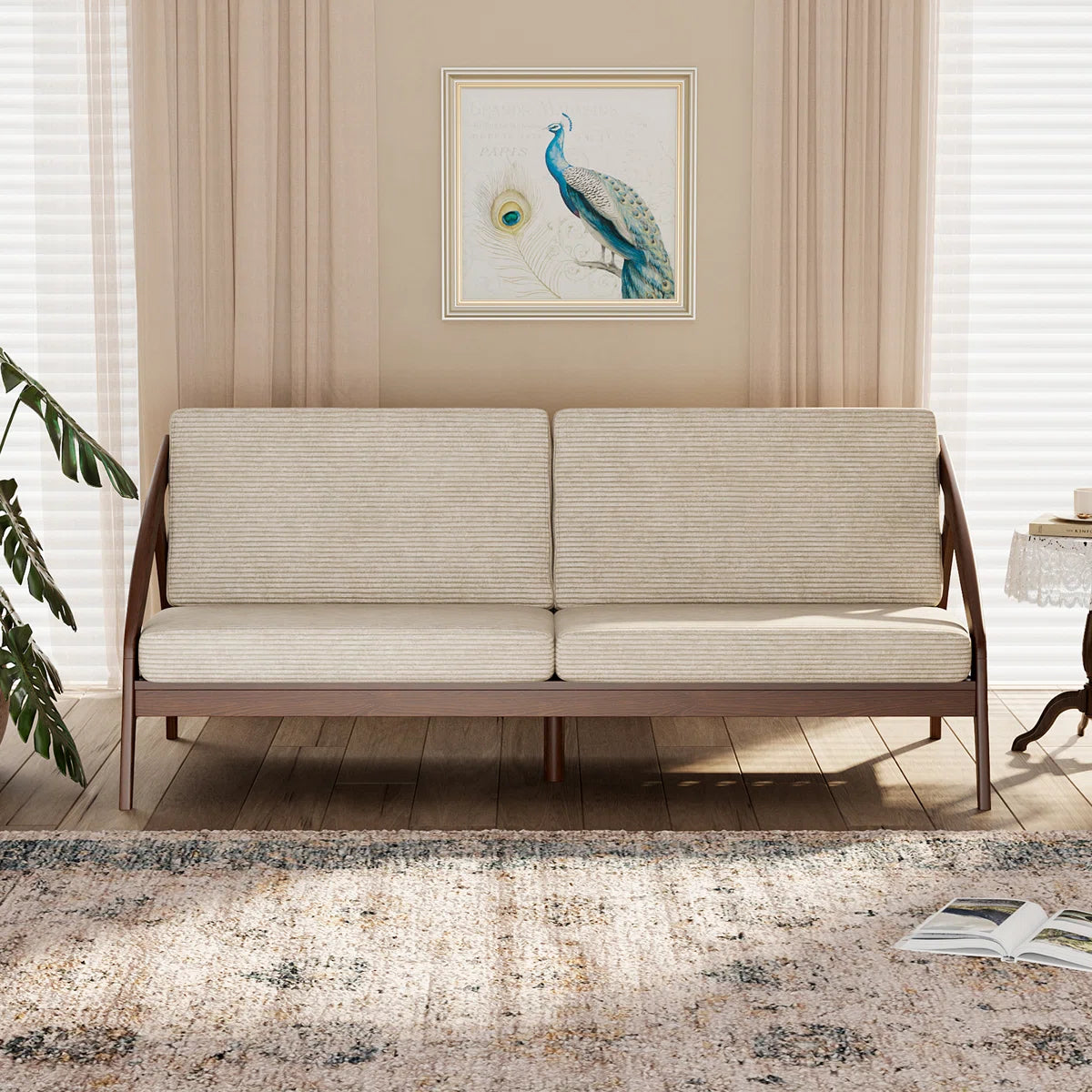 Furnishiaa Solid Sheesham Wood Sofa with Corduroy Upholstery