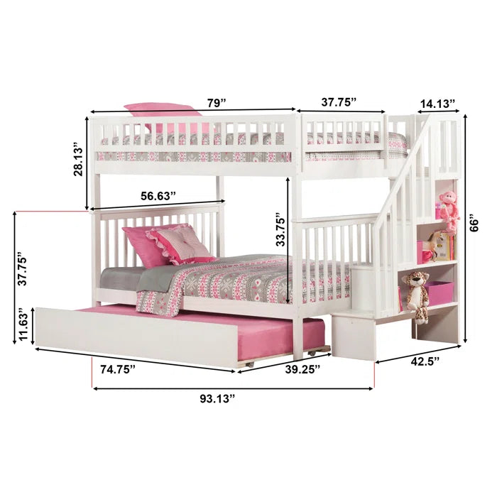 Furnishiaa Solid Sheesham Wood Bunk Bed with Pull-Out Trundle, Hidden Bookcase, and USB Charger