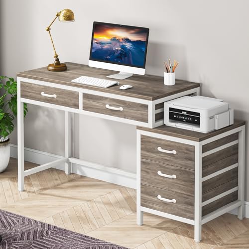 Tribesigns Computer Desk with 5 Drawers, Home Office Desks with Reversible Drawer Cabinet Printer Stand, Industrial PC Desk with Storage, Rustic Study Writing Table Workstation for Small Spaces
