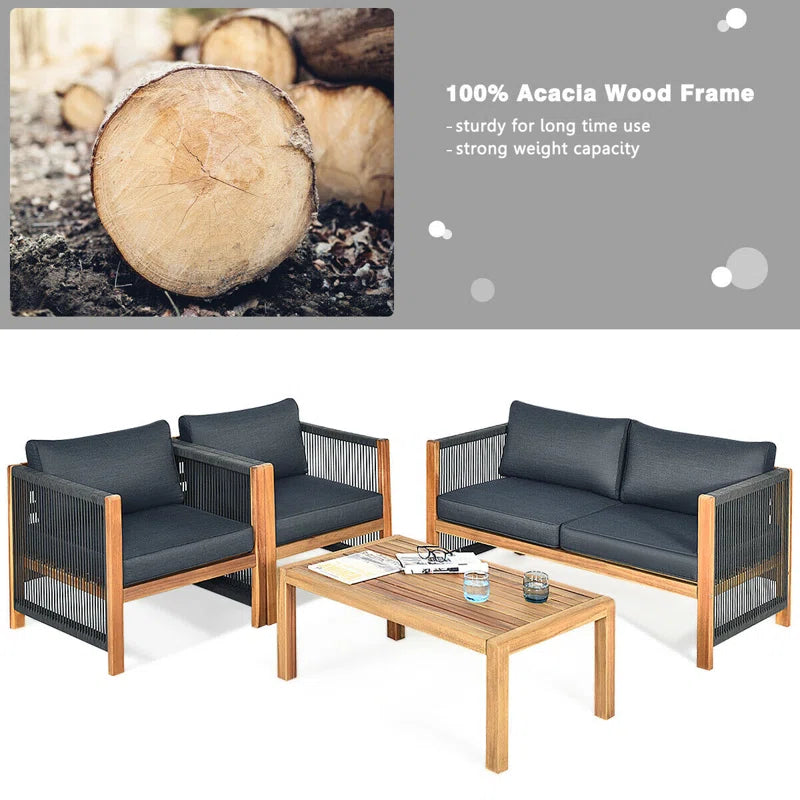 Solid Accasia Wood Recessed Sofa Set For Home
