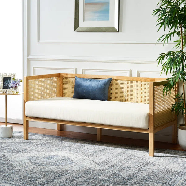 Solid Wood Upholstered Natural Cane Sofa