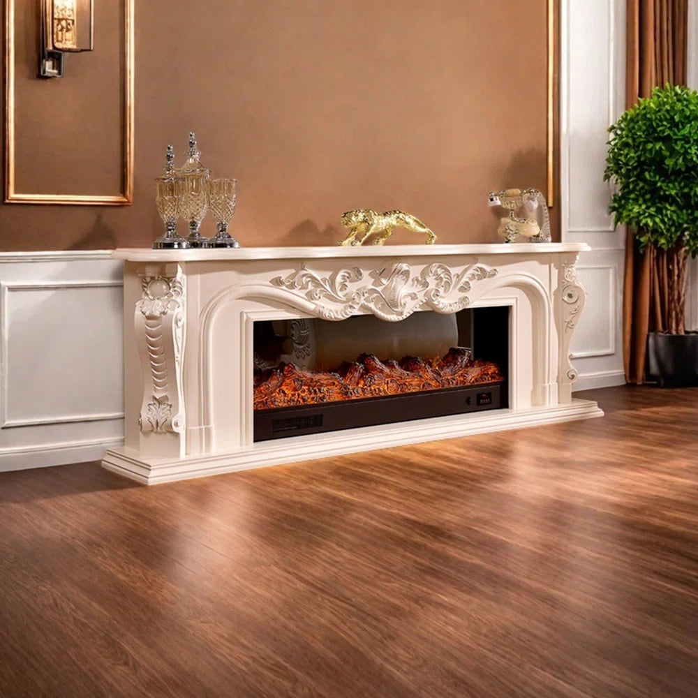 Furnishiaa Solid Sheesham Wood Electric Fireplace with Carved Mantel