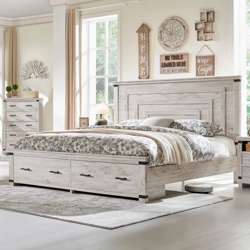 Furnishiaa Farmhouse Solid Sheesham Wood Bed with 54” Tall Geometric Headboard & Storage Drawers – Queen & King Size
