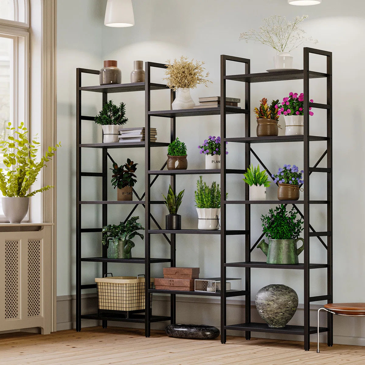 Furnishiaa Triple-Wide Industrial Bookcase with Solid Sheesham Wood Shelves