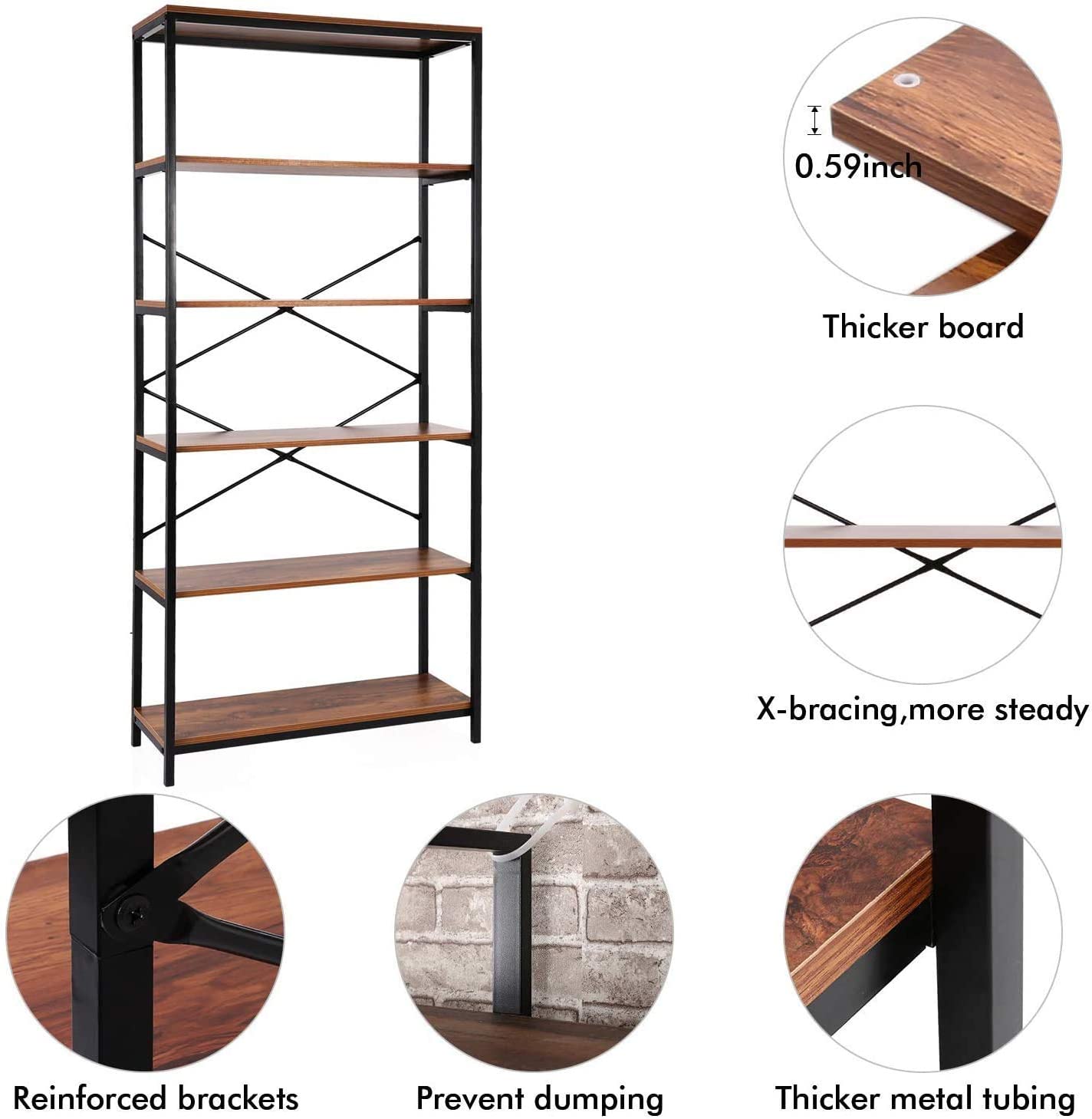5 Shelf Bookcase Metal and Wooden Bookshelves For Home - Furnishiaa -  - 