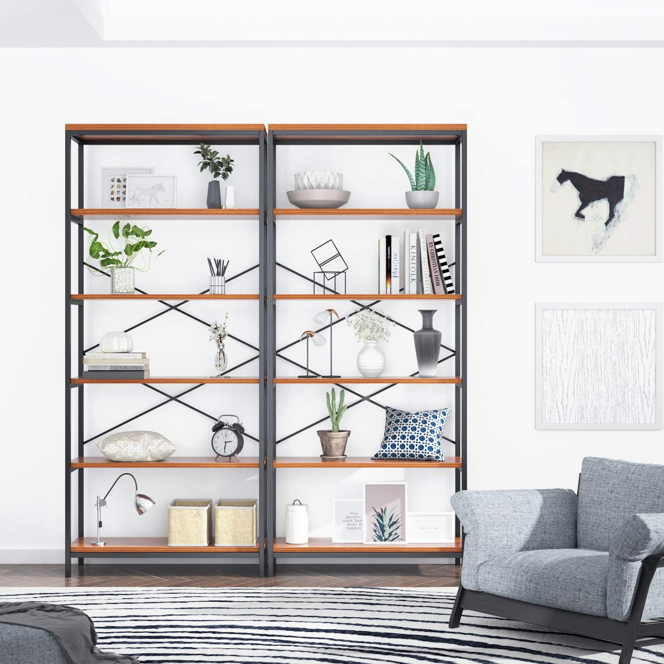 5 Shelf Bookcase Metal and Wooden Bookshelves For Home - Furnishiaa -  - 