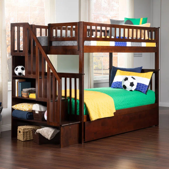 Furnishiaa Solid Sheesham Wood Bunk Bed with Pull-Out Trundle, Hidden Bookcase, and USB Charger