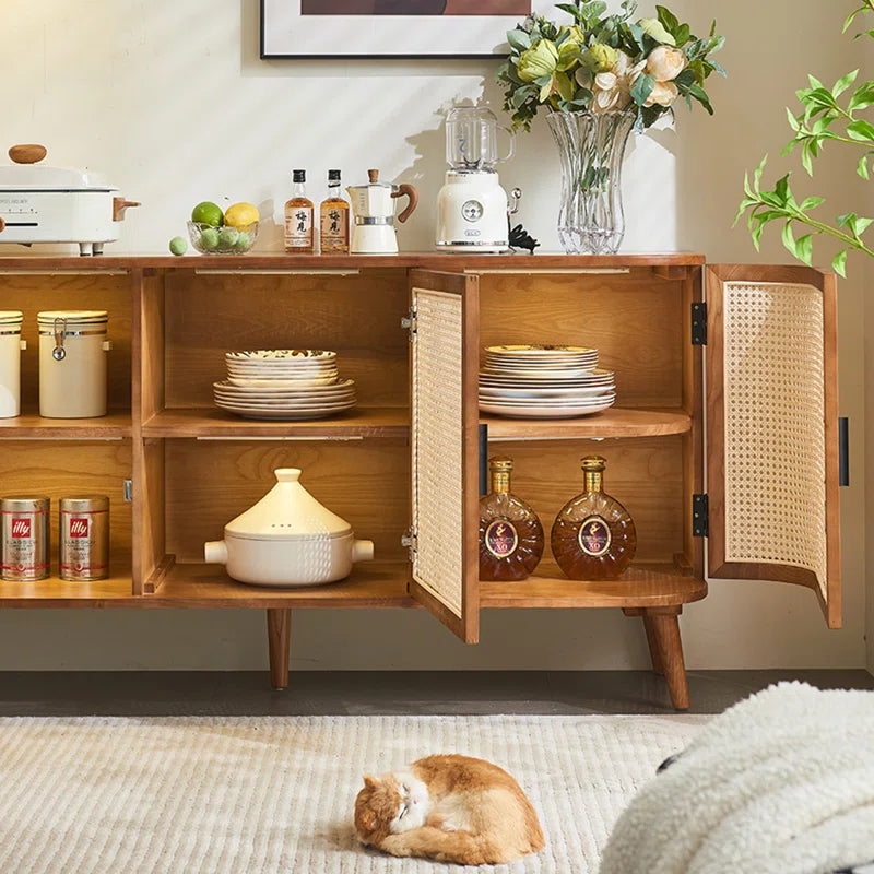 Furnishiaa Solid Sheesham Wood & Rattan Storage Cabinet with Double-Layer Shelves