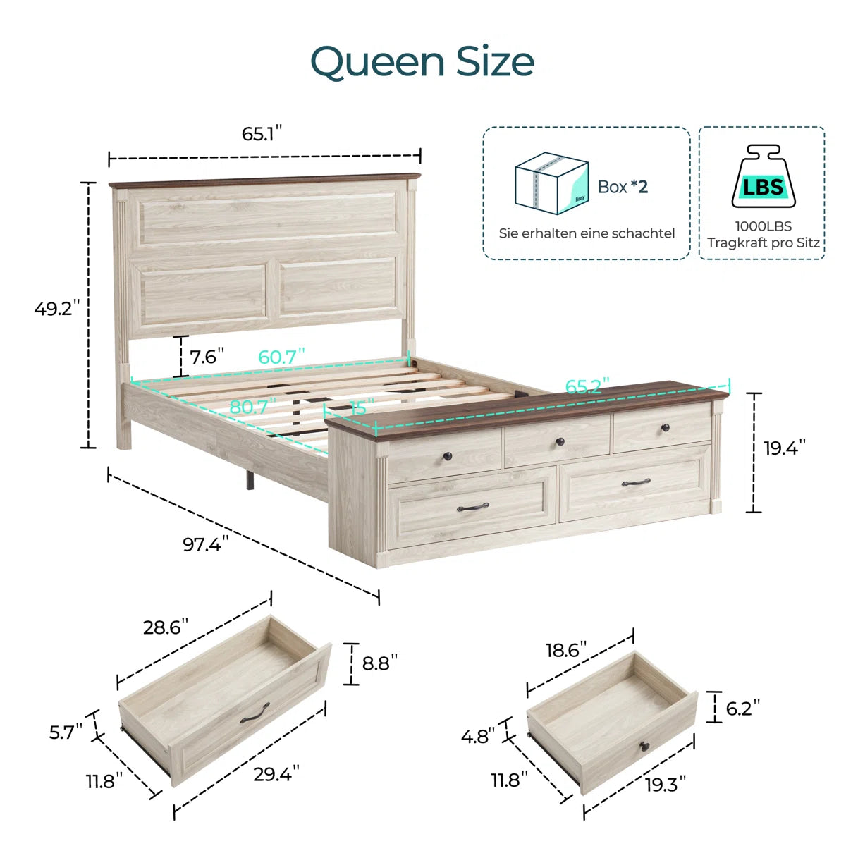 Furnishiaa Farmhouse Solid Sheesham Wood Queen Bed with Tall Headboard & Storage Bench with Drawers