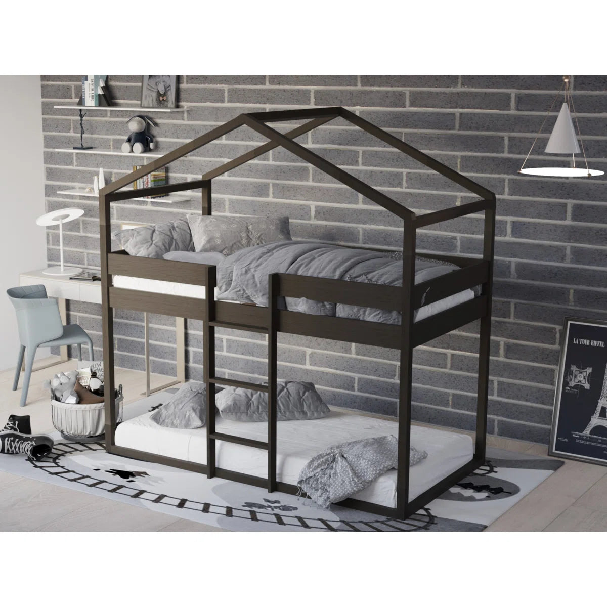 Furnishiaa Twin Over Twin House-Shaped Bunk Bed