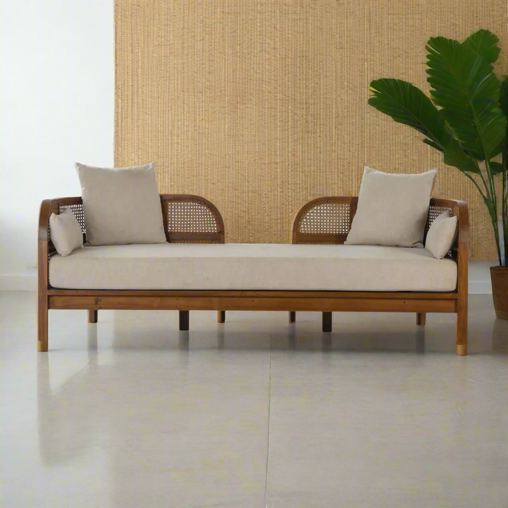 Handcrafted Teak & Rattan Sofa With Linen Fabric