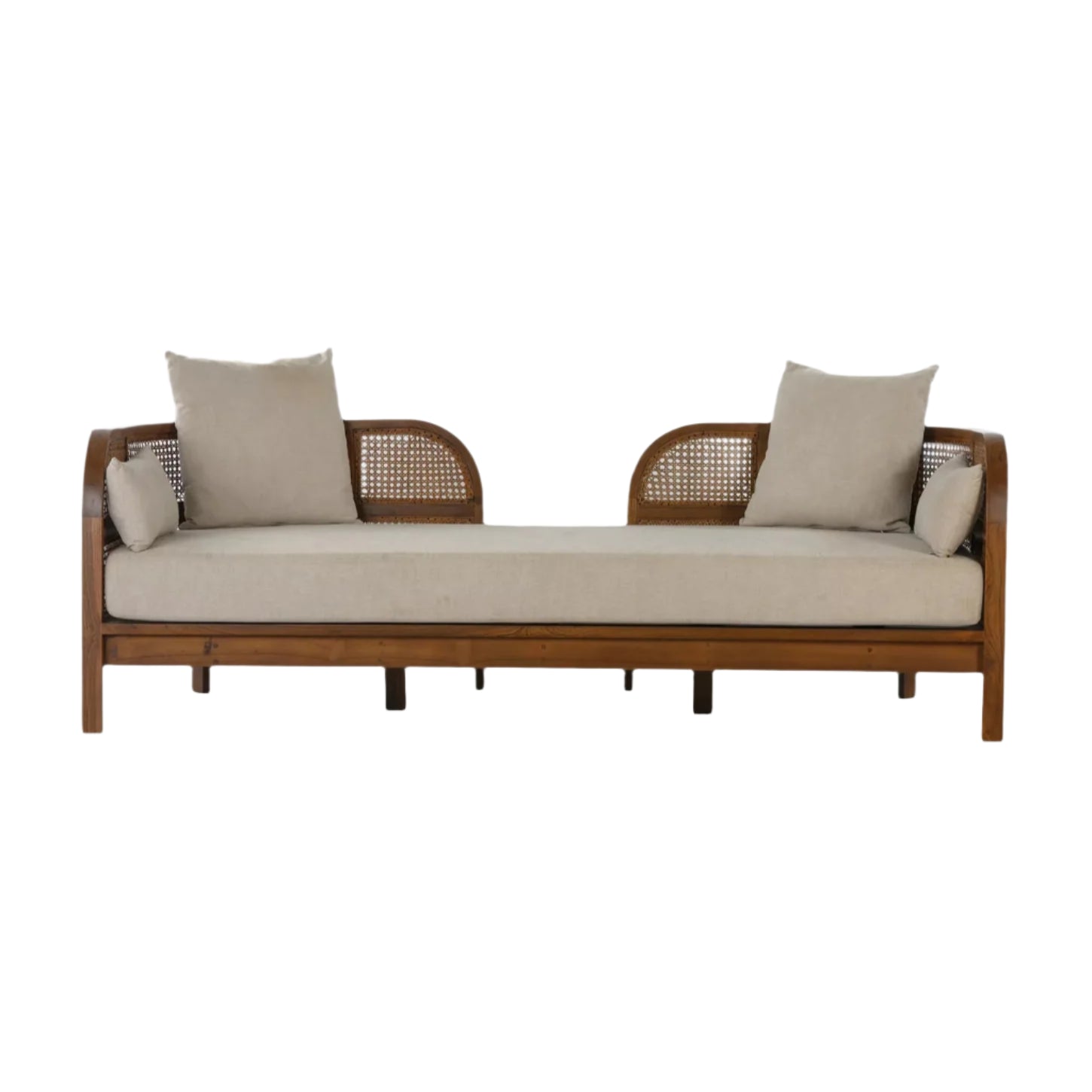 Handcrafted Teak & Rattan Sofa With Linen Fabric