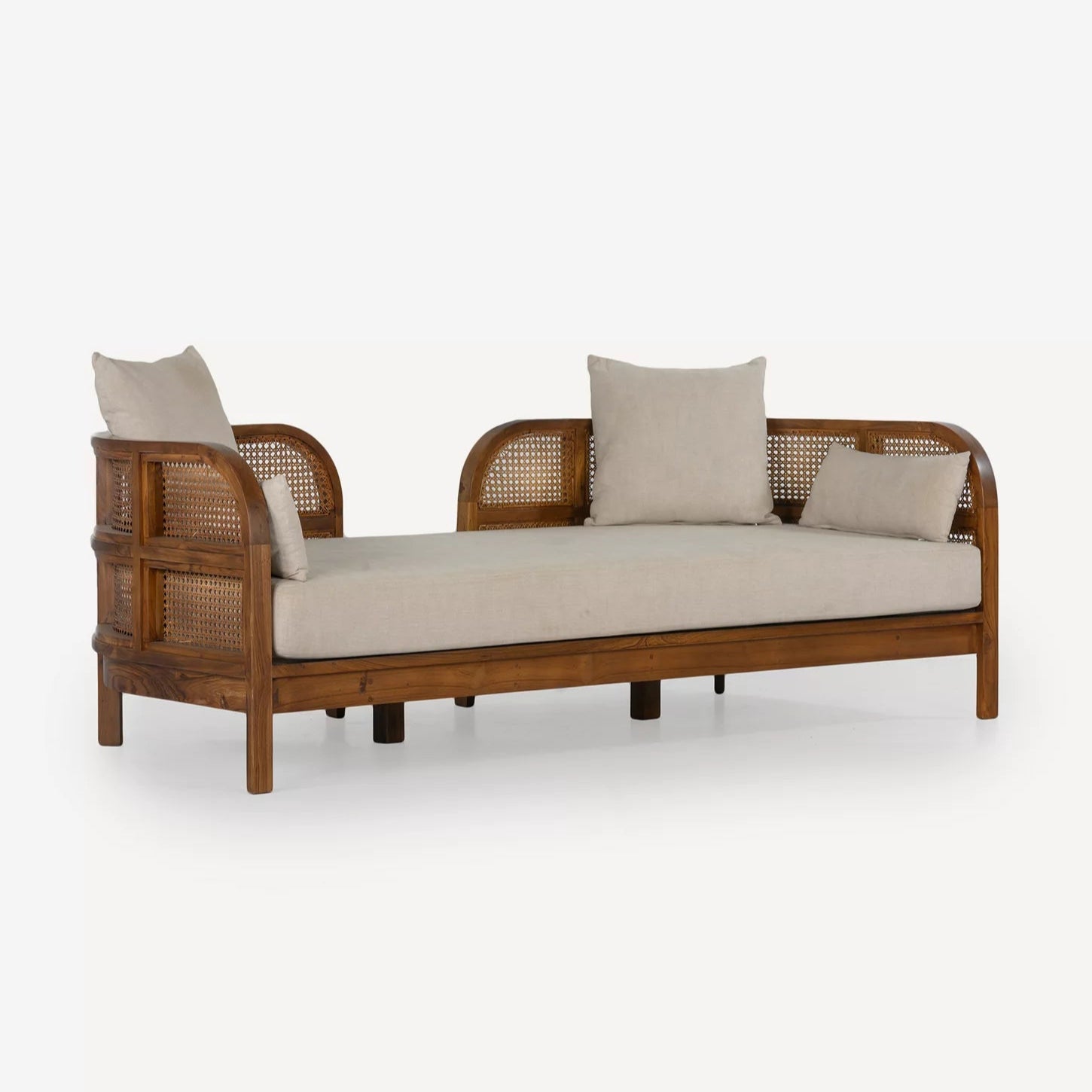 Handcrafted Teak & Rattan Sofa With Linen Fabric