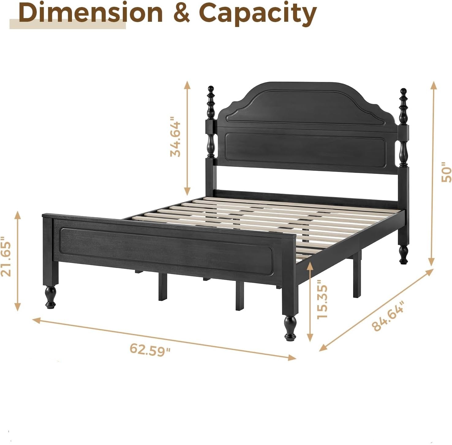 Wood Queen Bed Frame with Wooden Headboard and Footboard, Heavy Duty 12 Solid Wood Slats Support, Rubber Wood Platform Bed Frame with large Under Bed Storage, No Box Spring Needed, Rustic Black