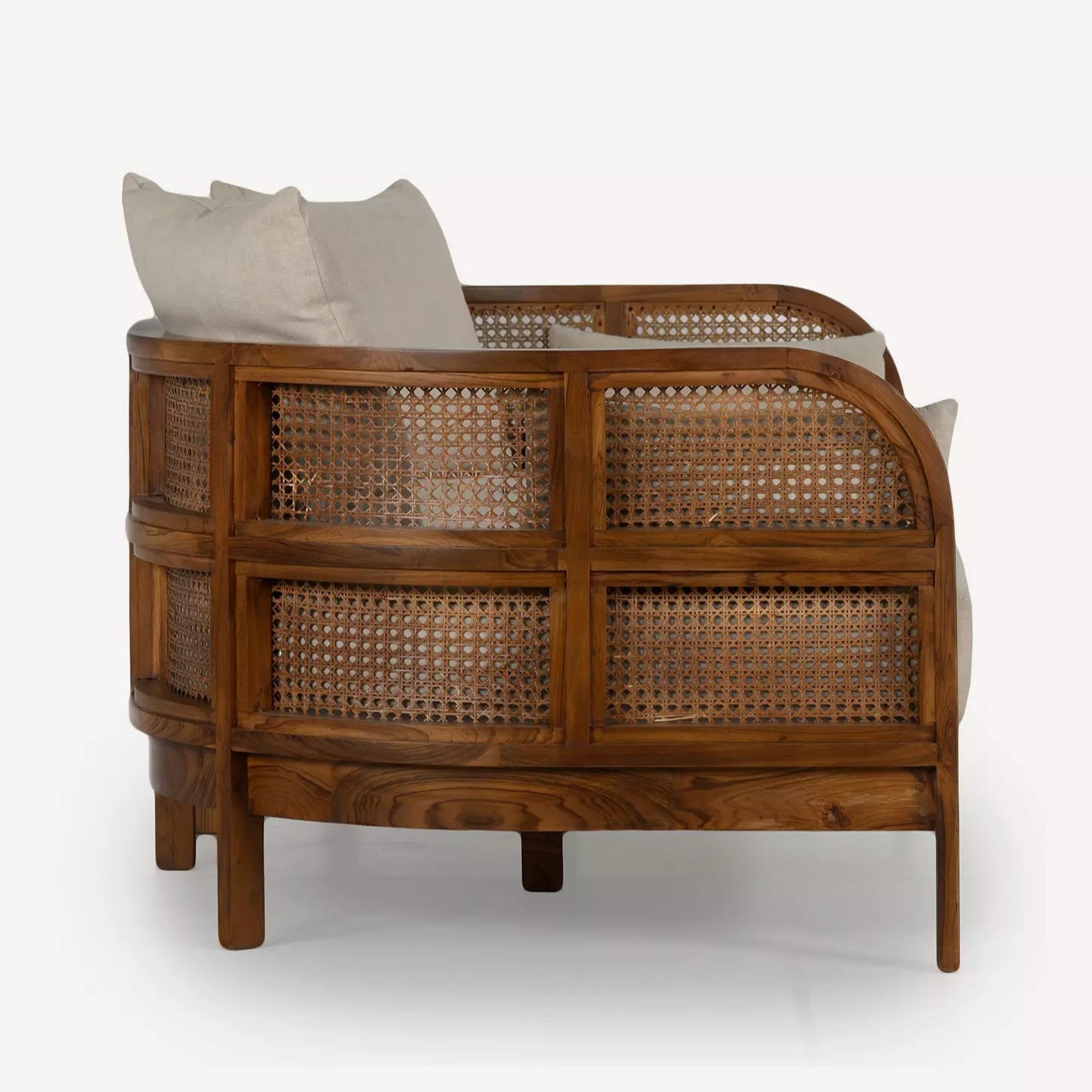 Handcrafted Teak & Rattan Sofa With Linen Fabric