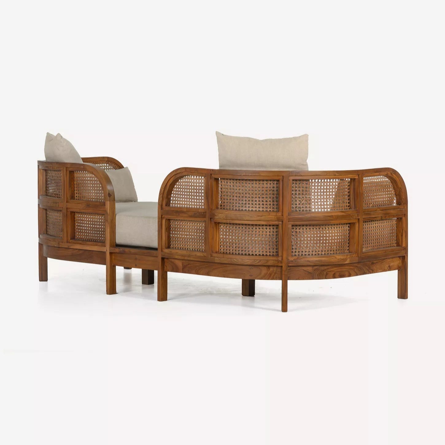 Handcrafted Teak & Rattan Sofa With Linen Fabric