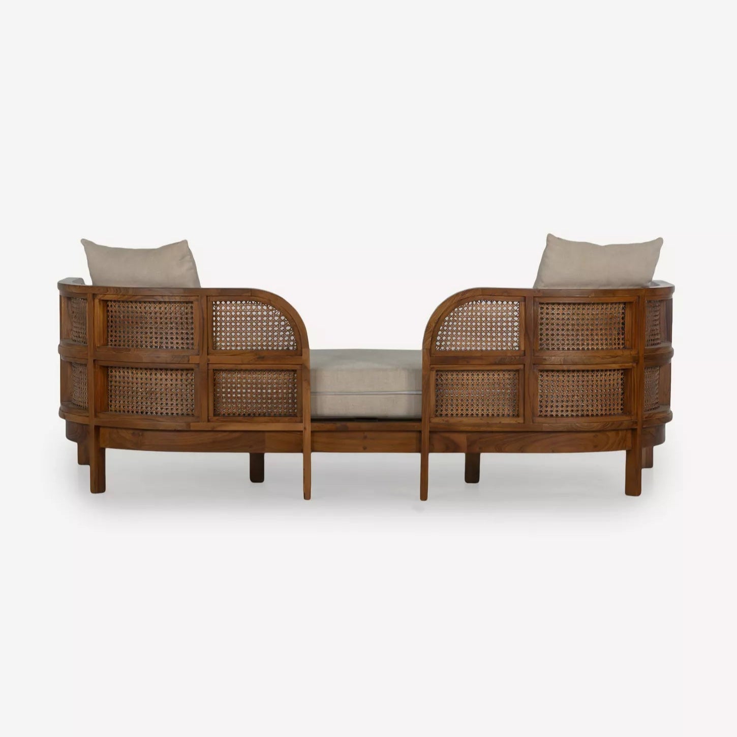 Handcrafted Teak & Rattan Sofa With Linen Fabric