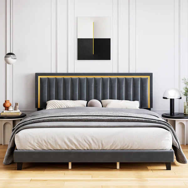Luxurious Velvet Upholstered Bed With Golden Strip
